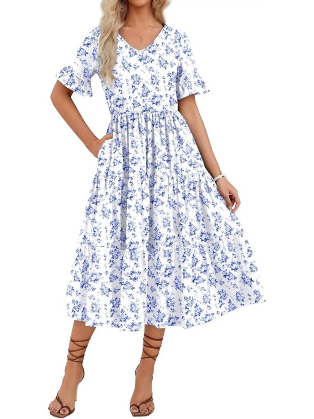 Zeagoo Women's White Floral Tiered Casual  V Neck Ruffle Short Midi Maxi Dress